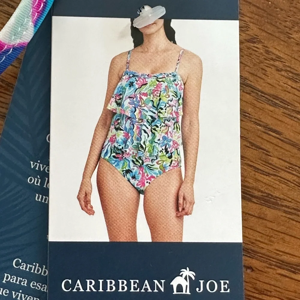 Caribbean Joe tiered bandeau 1 piece swimsuit removable straps floral Small NWT